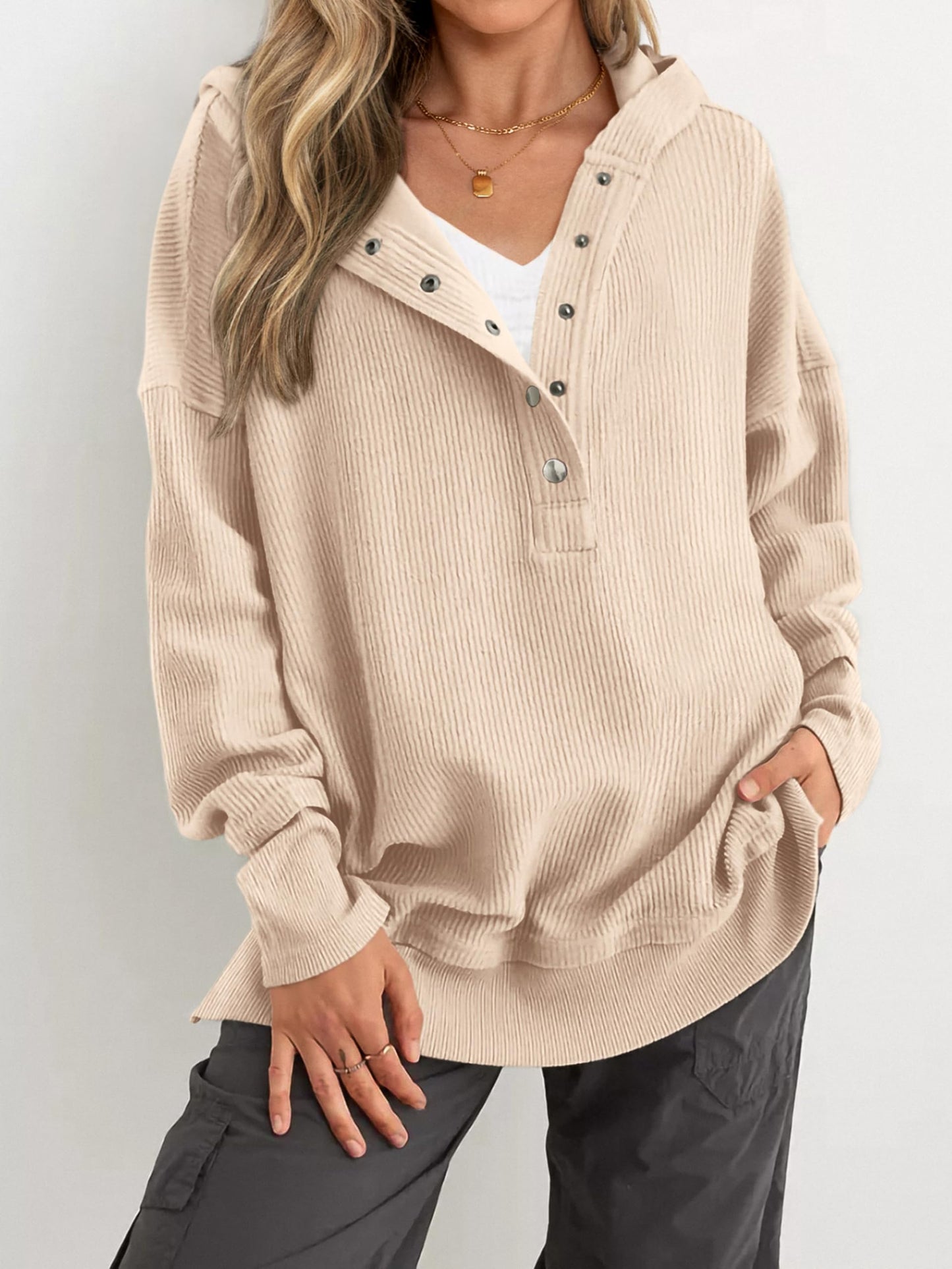 Women's Oversized Long Sleeve Button Up V Neck Hoodie