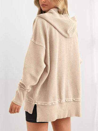 Women's Oversized Long Sleeve Button Up V Neck Hoodie