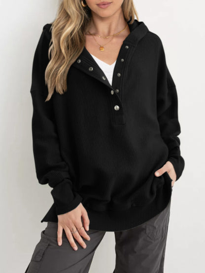 Women's Oversized Long Sleeve Button Up V Neck Hoodie