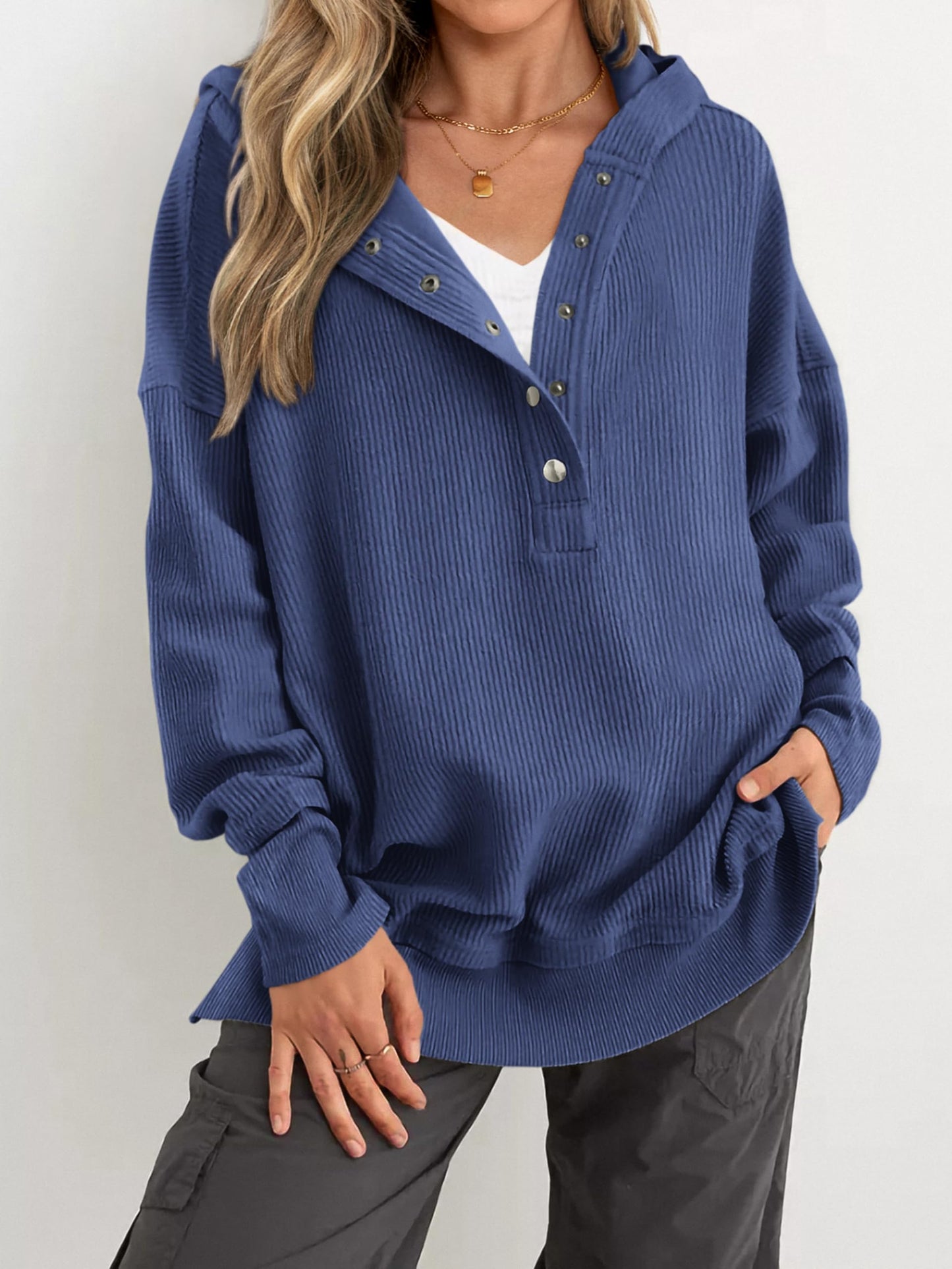 Women's Oversized Long Sleeve Button Up V Neck Hoodie
