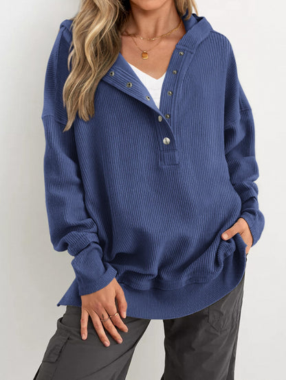 Women's Oversized Long Sleeve Button Up V Neck Hoodie