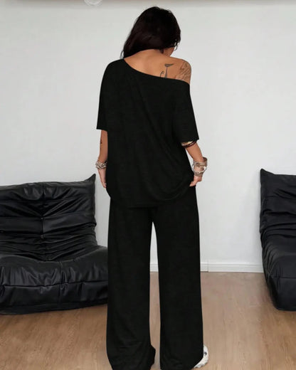 Women's Off-Shoulder Tee Wide-Leg Pants 2P Set