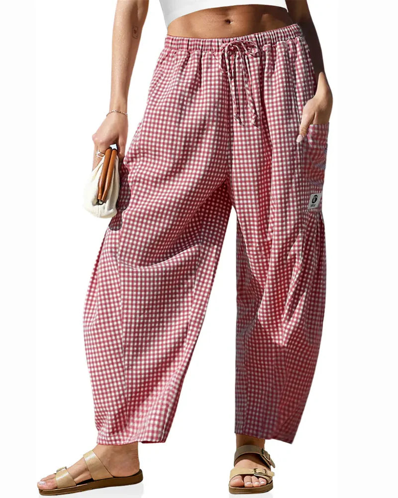 Women’s Loose Plaid Wide Leg Pants with Pockets