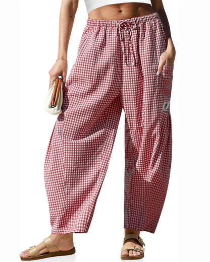 Women’s Loose Plaid Wide Leg Pants with Pockets
