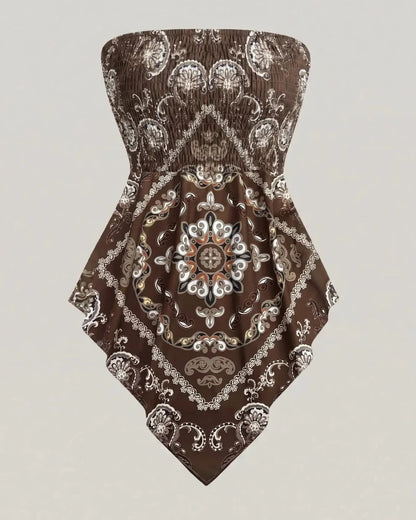 Boho Plus Size Ethnic Print Tube Top Asym Hem