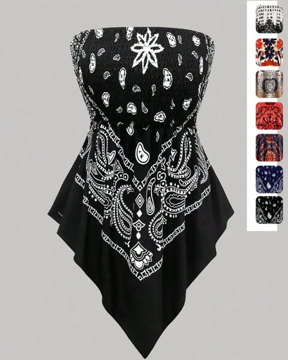 Boho Plus Size Ethnic Print Tube Top Asym Hem