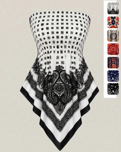 Boho Plus Size Ethnic Print Tube Top Asym Hem