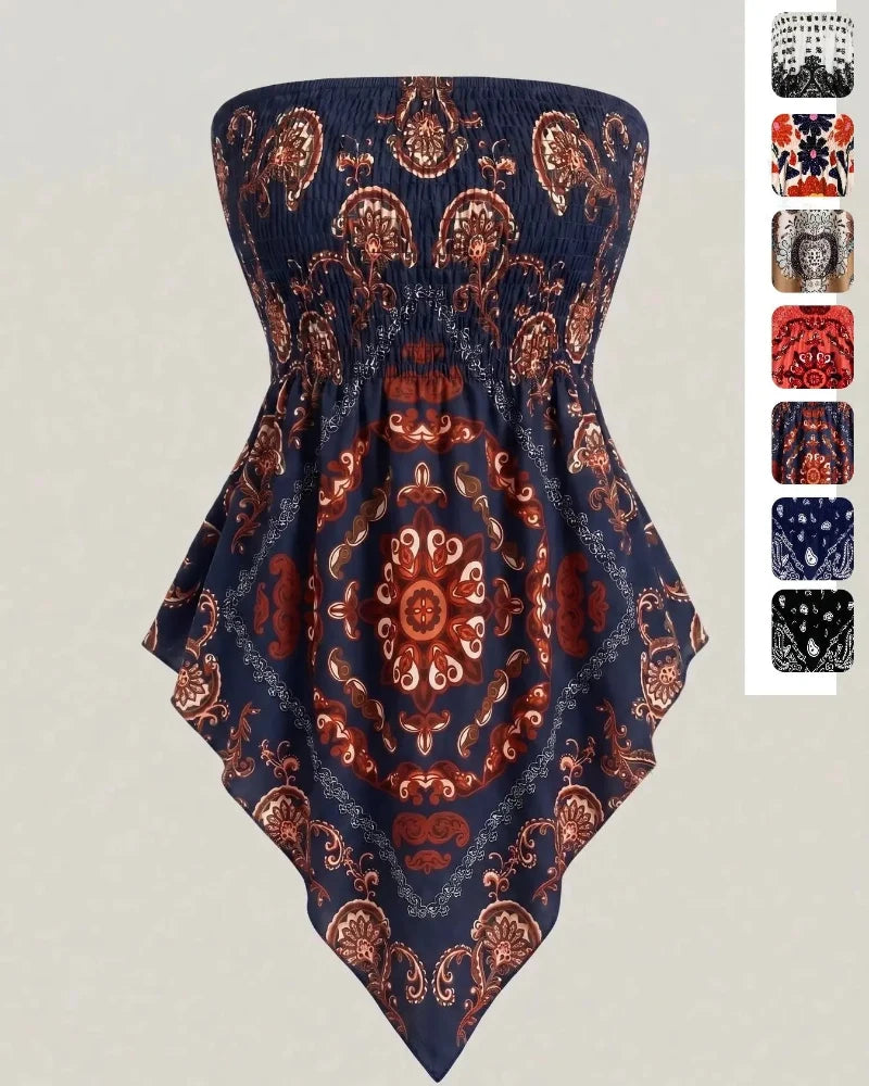 Boho Plus Size Ethnic Print Tube Top Asym Hem