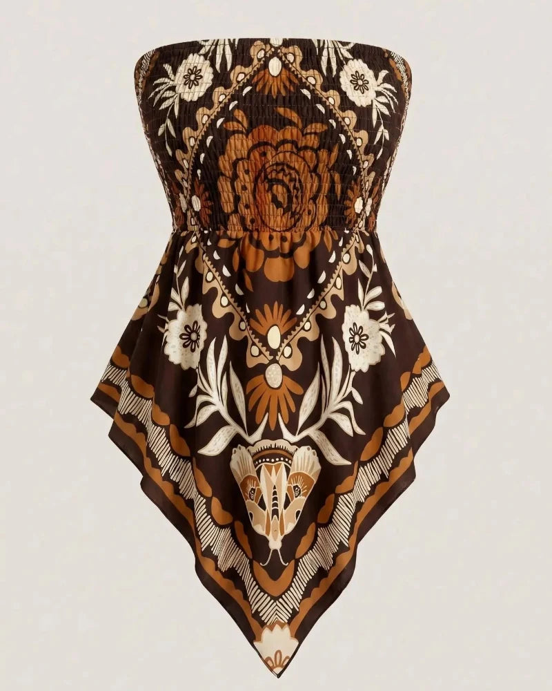 Boho Plus Size Ethnic Print Tube Top Asym Hem