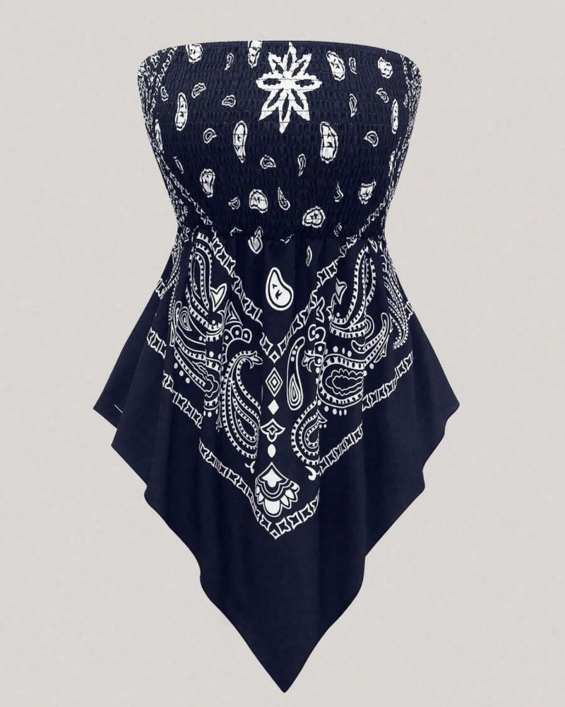 Boho Plus Size Ethnic Print Tube Top Asym Hem