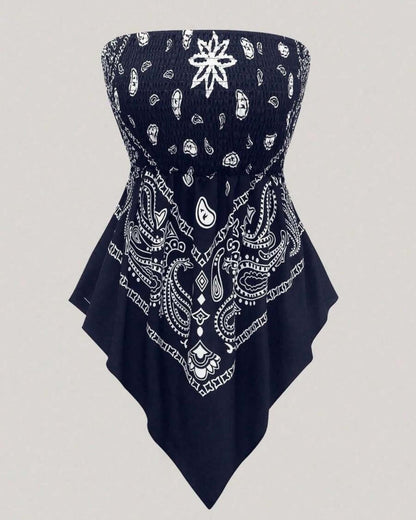 Boho Plus Size Ethnic Print Tube Top Asym Hem
