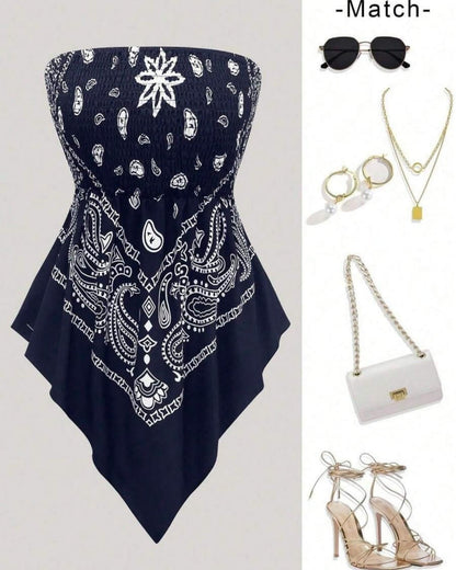 Boho Plus Size Ethnic Print Tube Top Asym Hem