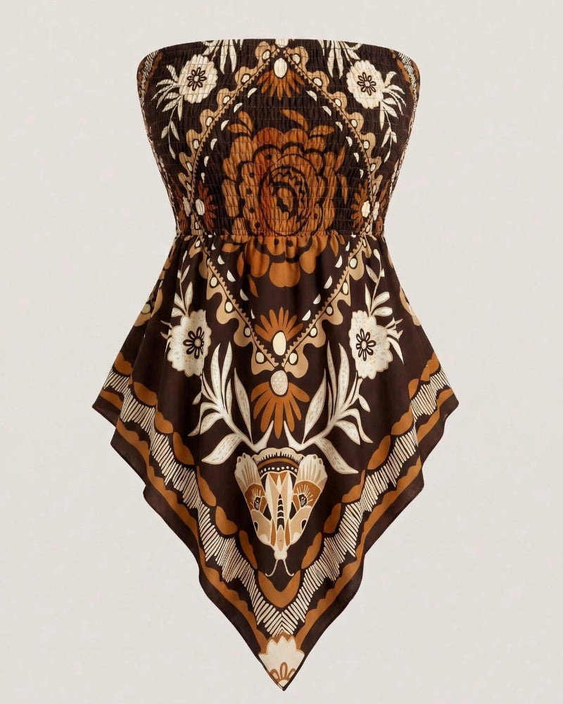Boho Plus Size Ethnic Print Tube Top Asym Hem