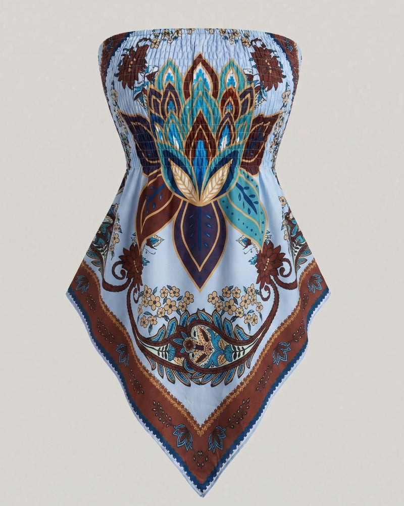 Boho Plus Size Ethnic Print Tube Top Asym Hem