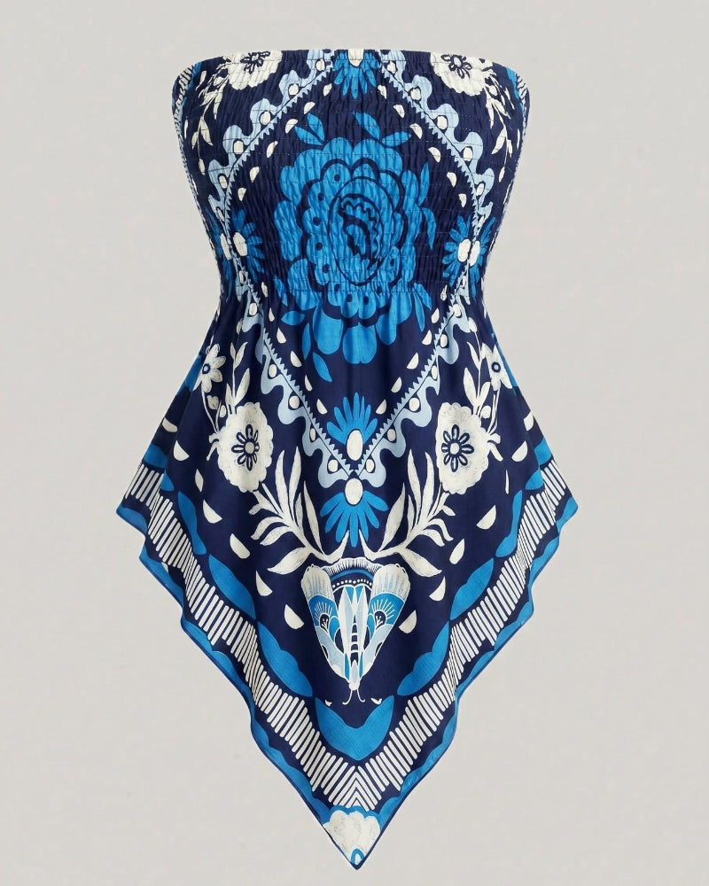 Boho Plus Size Ethnic Print Tube Top Asym Hem