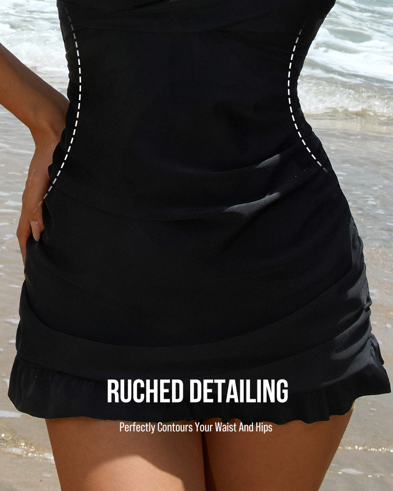 Deep V Cross-Back Ruched One-Piece Swimsuit
