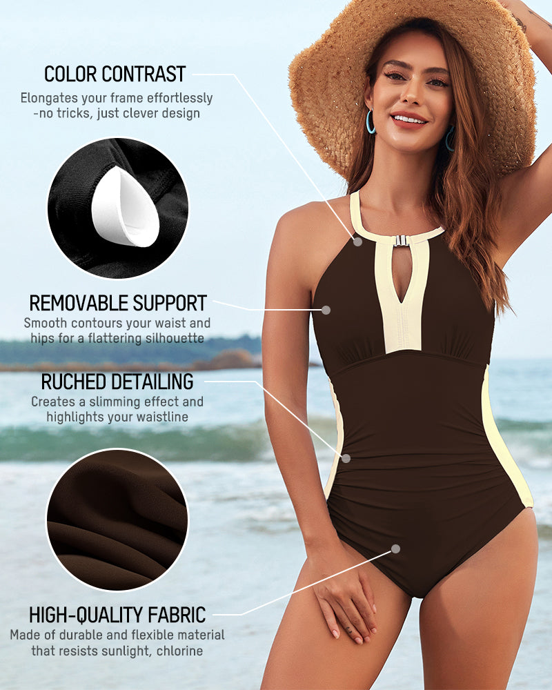Full Coverage Retro Color Block Swimwear