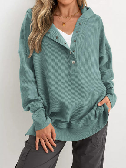 Women's Oversized Long Sleeve Button Up V Neck Hoodie