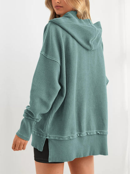 Women's Oversized Long Sleeve Button Up V Neck Hoodie