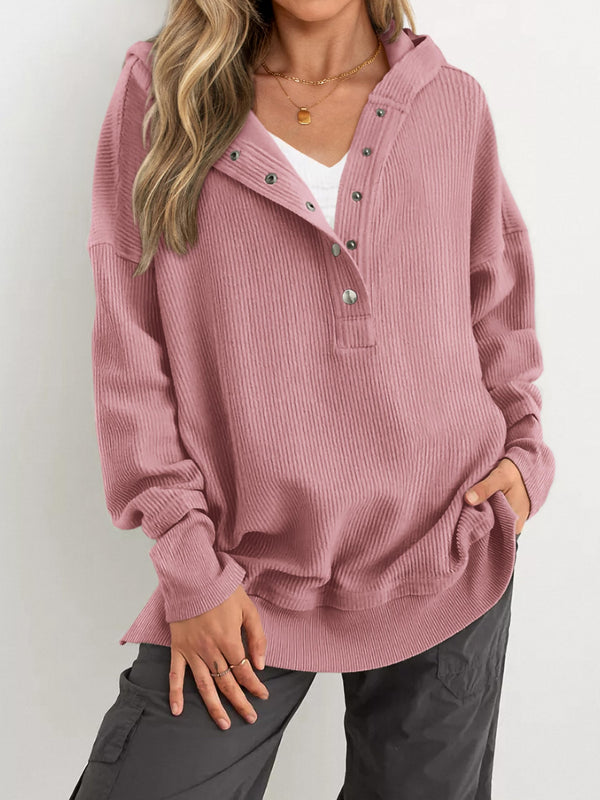 Women's Oversized Long Sleeve Button Up V Neck Hoodie