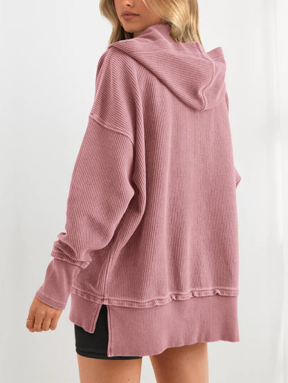 Women's Oversized Long Sleeve Button Up V Neck Hoodie