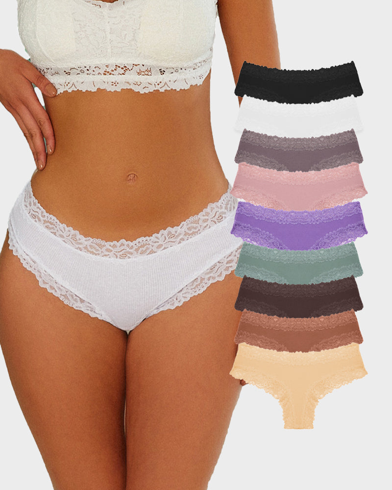 Ribbed Cotton Lace Mid-Rise Panty(9 pack）