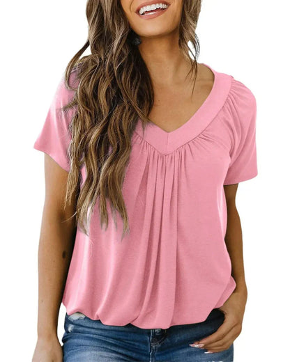Women's Casual Summer V Neck Short Sleeve T Shirt Loose Fit Comfort Shirred Top