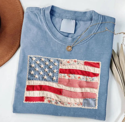 Retro American Flag Shirt, Faux Patchwork USA Tee, Digital Print Shirt, 4th of July Shirt, Patriotic Graphic Shirt, Fourth of July Shirt