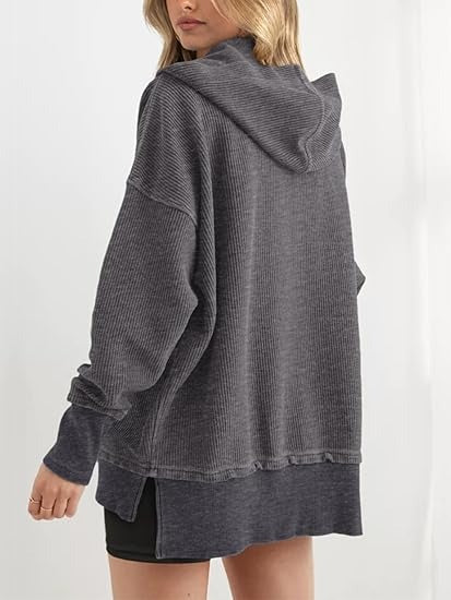 Women's Oversized Long Sleeve Button Up V Neck Hoodie