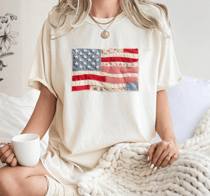 Retro American Flag Shirt, Faux Patchwork USA Tee, Digital Print Shirt, 4th of July Shirt, Patriotic Graphic Shirt, Fourth of July Shirt