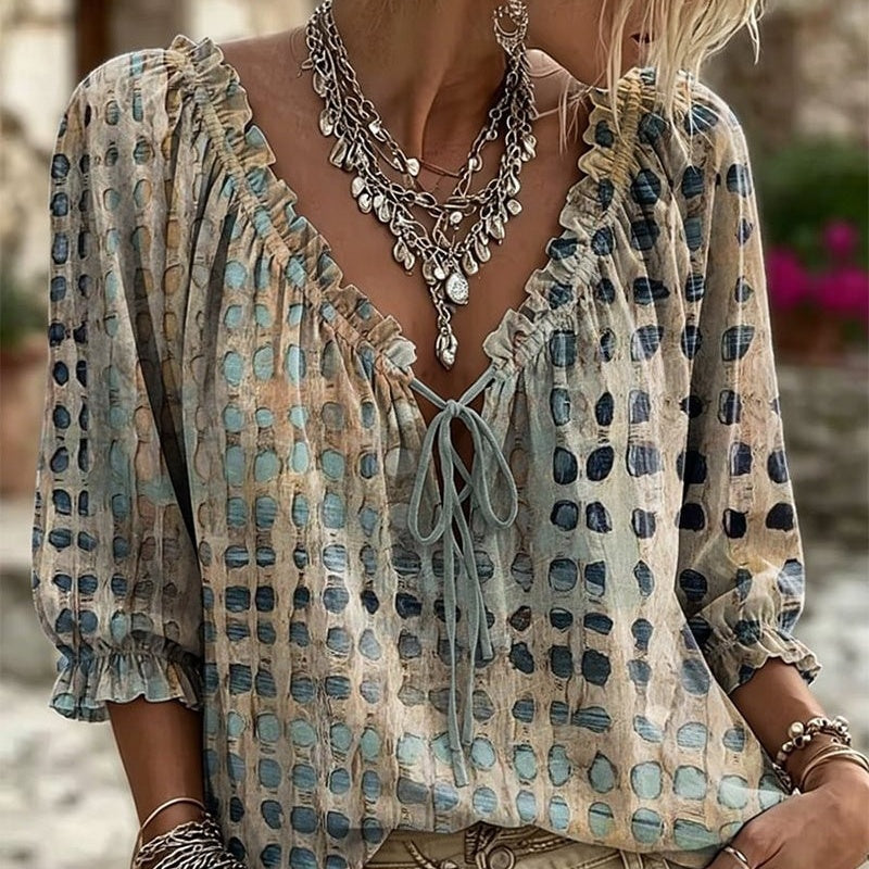 Polka Dot Lace Up Blouse