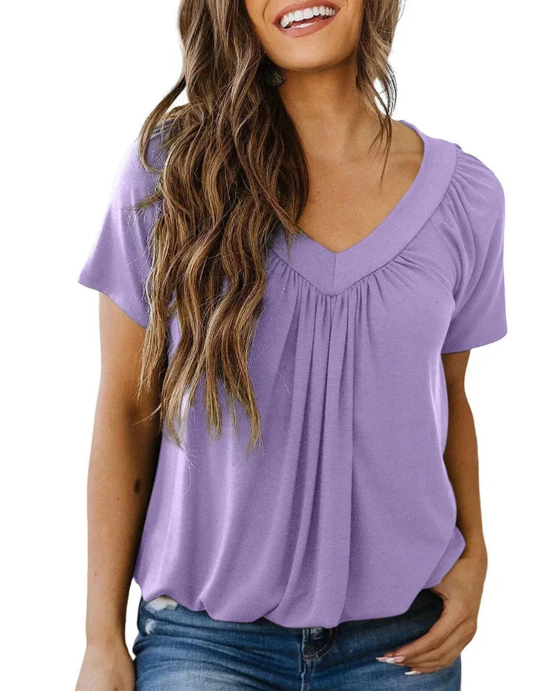 Women's Casual Summer V Neck Short Sleeve T Shirt Loose Fit Comfort Shirred Top
