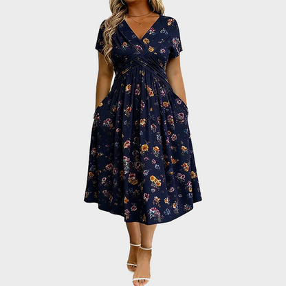Women's V-Neck Floral Print Dress with Twist Waist