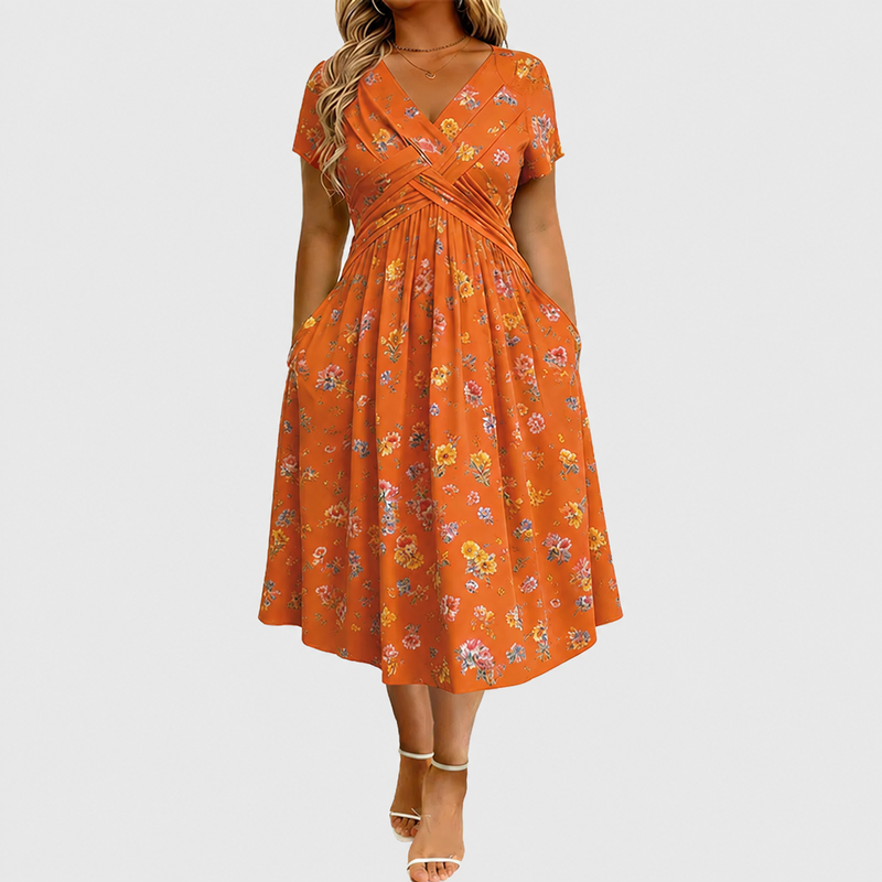 Women's V-Neck Floral Print Dress with Twist Waist