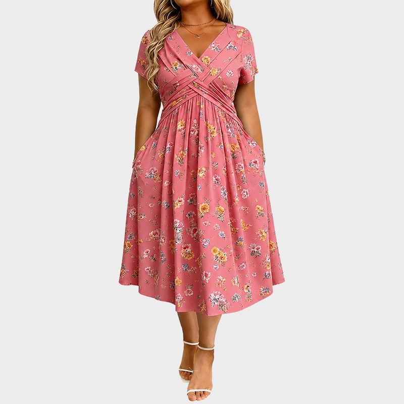 Women's V-Neck Floral Print Dress with Twist Waist