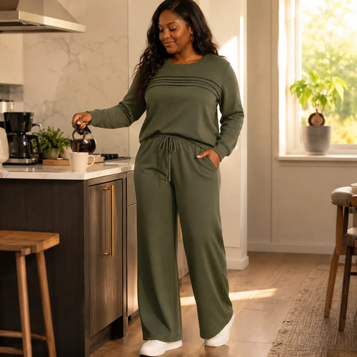 Women's Crew Neck Top and Drawstring Pants Casual Set