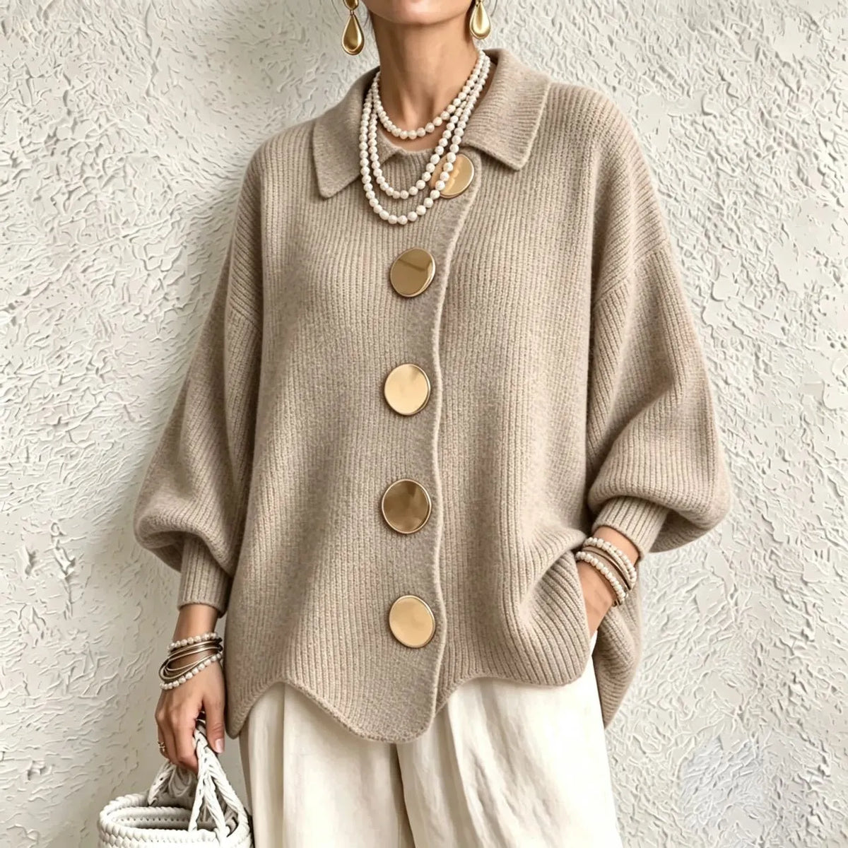 Women's French Knit Cardigan Metal Buttons Irregular Hem