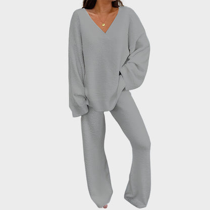 Soft Fuzzy V-Neck Loungewear Set