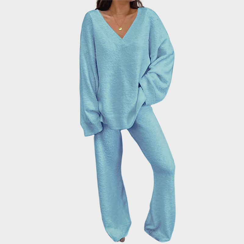 Soft Fuzzy V-Neck Loungewear Set