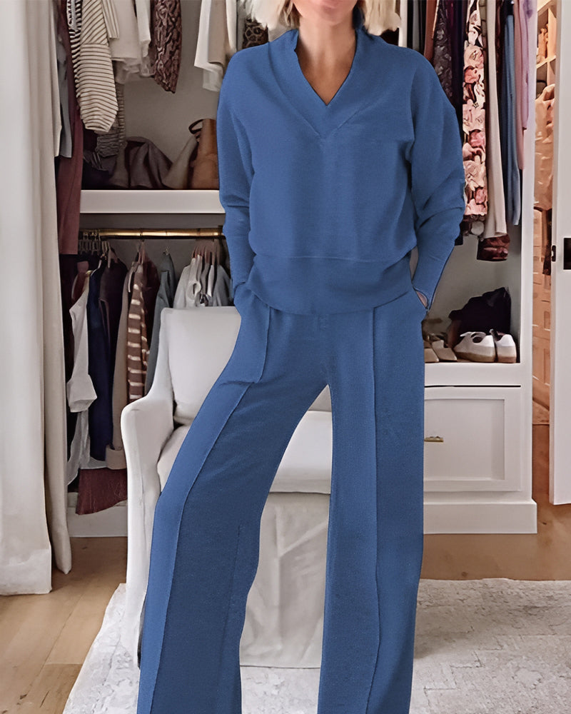 Women's Solid Color V-neck Top & Pants Two-piece Set