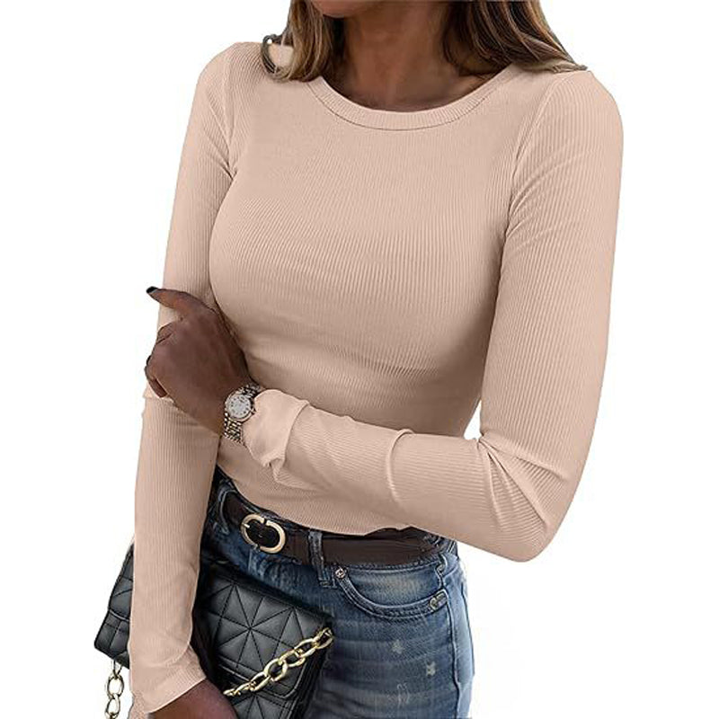 Women Long Sleeve Crewneck Rib Knit Slim Fit Shirts Basic Tee Tops