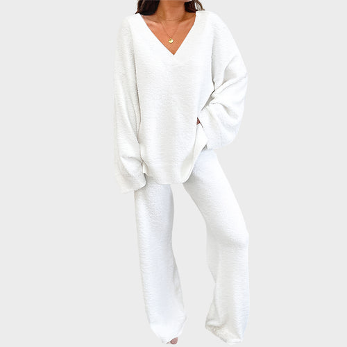 Soft Fuzzy V-Neck Loungewear Set