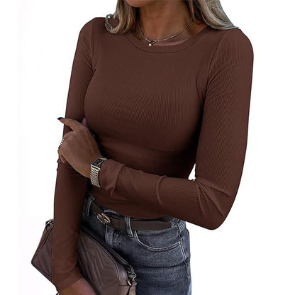 Women Long Sleeve Crewneck Rib Knit Slim Fit Shirts Basic Tee Tops