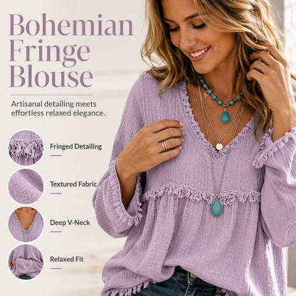 Women’s Boho V Neck Long Sleeve Fringe Top