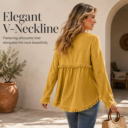 Women’s Boho V Neck Long Sleeve Fringe Top