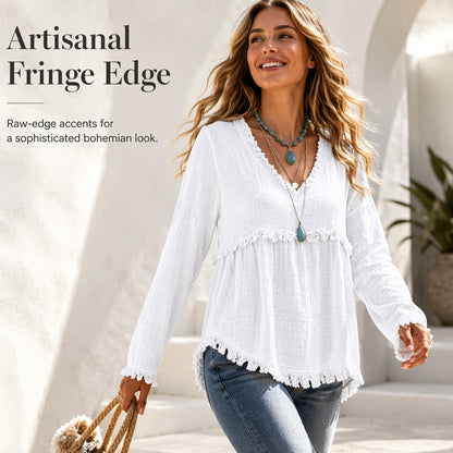 Women’s Boho V Neck Long Sleeve Fringe Top
